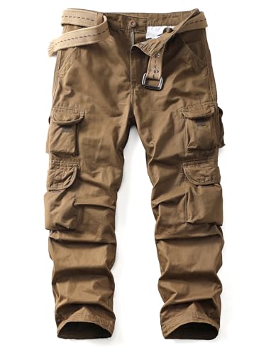 AKHIKING Men's Camo Cargo Pants Work Cotton Tactical Combat Military Casual Trousers with 10 Pockets Brown 34