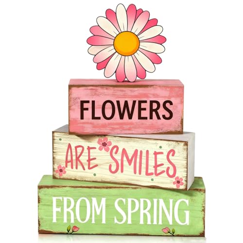 Spring Decoration Wooden Tiered Tray Decor – Daisy Flower Spring Stacked Block Sign with Floral Accent – Farmhouse Tabletop Spring Decor for Shelf Mantel Seasonal Home Display