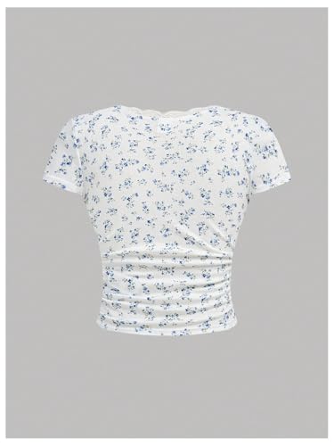 Girl's Ditsy Floral Print Lace T Shirt Short Sleeve Ribbed Ruched Cute Tee Shirts Summer Tops2