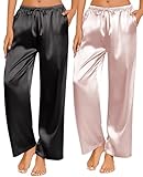 Ekouaer 2 Pack Womens Satin Pajama Pants Silk Sleep Lounge Pants Loose Pj Bottom with Pockets Black and Champagne Medium