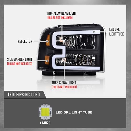 Image of G-PLUS LED DRL BAR Headlight Assembly Compatible with Ford F250 F350 F450 F550 Super Duty 2005-2007 /Fit Ford Excursion 2005 HeadLamps Clear lens Black Housing Amber Reflector FO2503217 6C3Z13008CB