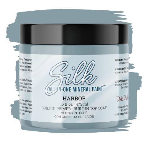 Dixie Belle Silk All-in-One Mineral Paint - Harbor (16 Fl Oz) - Pale Blue Water Based Built-In Primer + Topcoat for Wood + Metal - Durable Furniture Paint - Low Reflective Finish
