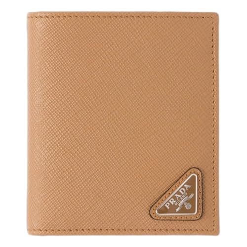 Prada Caramel Saffiano Leather Silver Triangle Logo Bifold Card Holder Wallet 2MO004