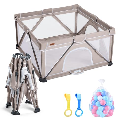 Image of Jimglo Baby Playpen Foldable, Playard for Babies and Toddlers, Portable Playpen Activity Center with 50 Balls+2 Handles for Travel, Indoor & Outdoor Play Pen with Mesh 59''x71''