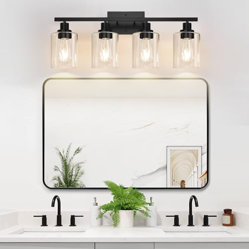 Image of MOKATNG 4-Light Bathroom Light Fixtures, Vanity Light with Clear Glass Shades, Matte Black Bathroom Light Fixtures Over Mirror, Modern Bathroom Wall Lamp for Mirror Living Room Cabinet Bedroom