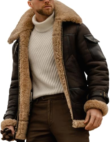 Men’s Brown B3 Flying Aviator Shearling Fur Sheepskin Leather Jacket – Vintage Leather B3 Bomber Jacket Winter