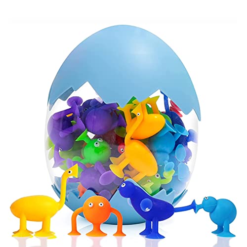 TSLBW 12 Pcs Pop Sucker Toys Jouets d'aspiration Jeu De Lancer Sucker Toys Jouets de Bain Jouet éducatif pour Enfants Jouets Sensoriels Jouets à Ventouse avec Rangement en Coquille d'œuf de Dinosaure