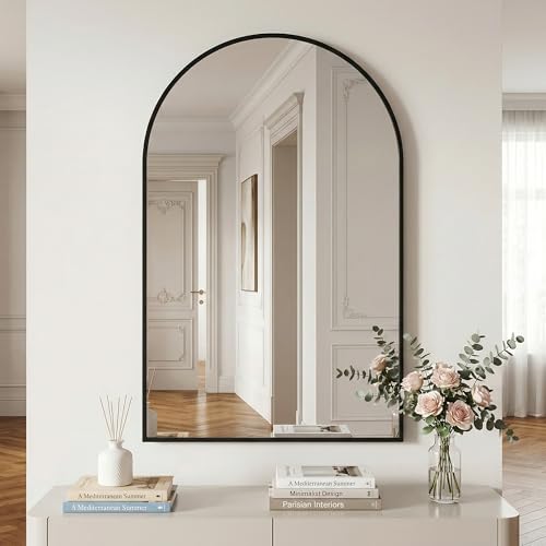 BEAUTYPEAK 61x91 cm Bogen Wandspiegel, Bruchsichere Aluminiumlegierung Rahmen Badspiegel, Kann an die Wand Gelehnt oder Aufgehängt Werden, Standspiegel für Schlafzimmer, Bad und Toiletten Schwarz