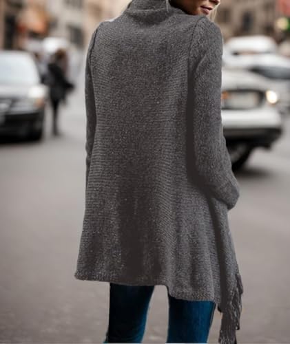 Image of Women's Open Front Knited Tassels Slash Loose Cardigan Crew Neck Speckled Fringe Sweater Outwear
