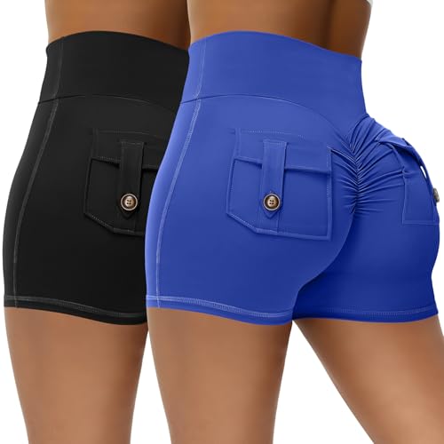 Didaey Paquete de 2 pantalones cortos de entrenamiento para mujer con bolsillos, cintura en V, atléticos, gimnasio, ciclista, pantalones cortos para yoga, Negro Azure, S