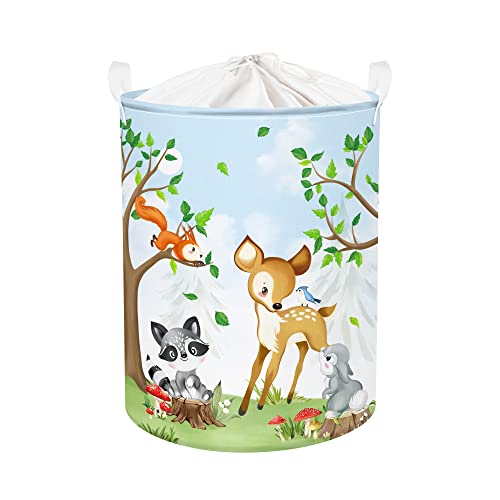 Clastyle 45L Safari Tiere Baum Hirsche Waschbär Kaninchen Grün Wäschekorb Fuchs Bär Igel Spielzeug Kleidung Aufbewahrungskorb für Kinderzimmer, 36x45 cm, (CTS0148)