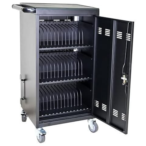 45 Device Charging Cart, Laptop And Tablet Storage Cart, Can Accommodate 17 Inches, Charging Cabinet Equipped With Power Cord Management, Transformer Management Box, Front And Rear Door Locks. Black Cover