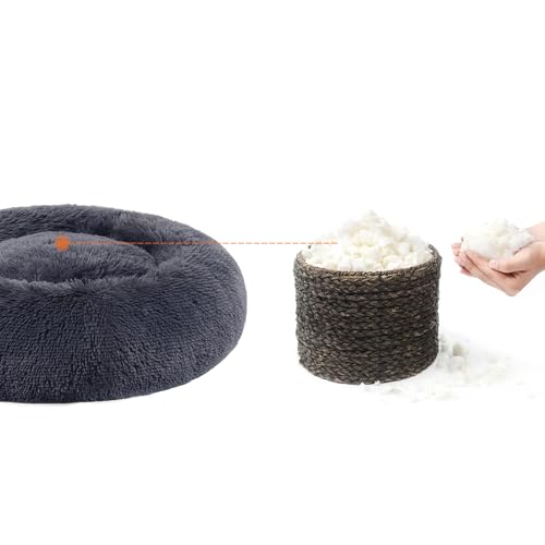 Feandrea Hundebett flauschig, Katzenbett, Donut Kissen, waschbar, Polsterung in der Mitte herausnehmbar, Langer Plüsch, 50 cm Durchmesser, dunkelgrau PGW037G02