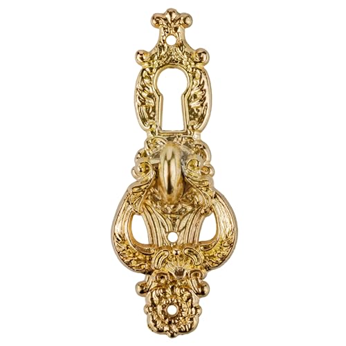 Baroque Style Brass Decorative Ring Pull with Keyhole Cover | 2 1/2" x 5/8" | Keyhole Escutcheon Plate for Cabinet Doors, Dresser Drawers, Desk | Antique, Modern Furniture Hardware | KC23-MB