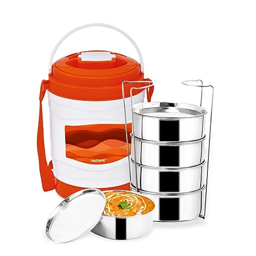 Image of Trueware Marina 5 Lunch Box with 5 Steel Container, 300 ml X 5 Orange | PU Insulated | Tiffin | Hot Lunch Box | Leak Proof | Easy to Carry | Food Grade | BPA Free | Office | Outdoors | for Men Women