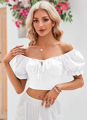 Womens Puff Short Sleeve Crop Tops Square Neck Ruched Front Bow Tie Shirts Cute Summer Vocation Beach Blouse4