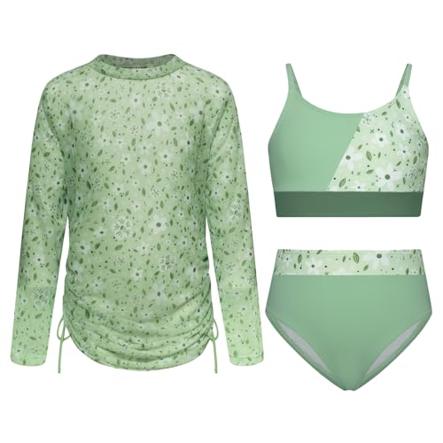 GRACE KARIN 3-teiliges Badeanzug Set für Mädchen Bikini Tankini Überzug Schnelltrocknend Süßer Urlaub Surfen Strand Bademode Set Hellgraugrüne Blüten 12 Jahre