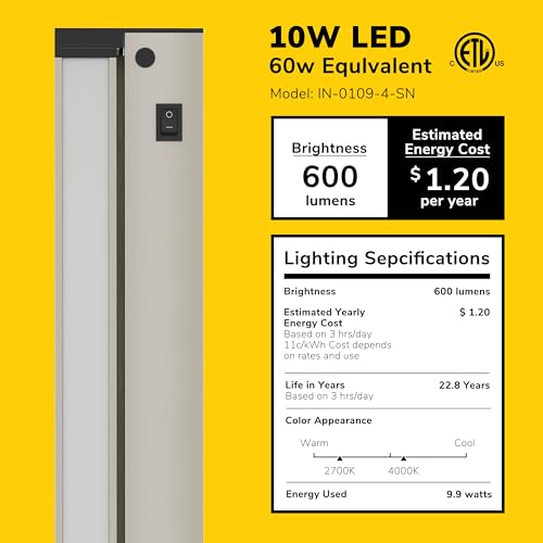 Image of GETINLIGHT 16-Inch Plug-in Swivel LED Under Cabinet Light, 2-CCT, Nickel