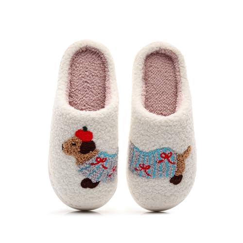 BEIUEN Warm Hausschuhe Damen,Winter Plüsch Pantoffeln,Weiche flache Hausschuhe Rutschfest für drinnen und draußen,Geschenk für Damen,Geschenk für Weihnachten & Halloween(Dackel,EU37-38