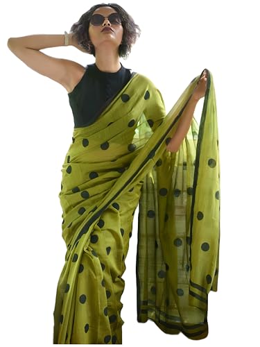 Image of Sidhidata Women's Polka Dot Printed Linen Cotton Saree With Unstitched Blouse Piece (Laddu Free Size)