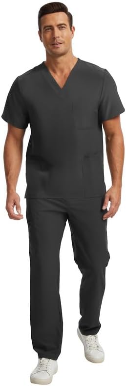Kitmaz Men's Scrub Set - V-Neck Top & Straight Pants with 12 Pockets, 4-Way Stretchy Breathable Wrinkle Resistant