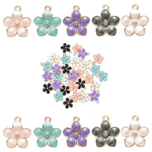 40 PCS Gold Plated Cherry Blossom Charms, Enamel Flower Pendants for Jewelry Making - Small Floral Charms for DIY Bracelet, Necklace, Earrings, Keychain Crafts (Multicolor)
