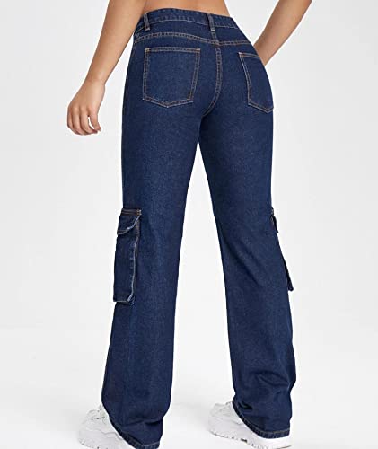 SOMTHRON Women's High Waist Straight Leg Jeans Flap Pocket Wide Leg Relaxed Fit Long Denim Pants Trousers2