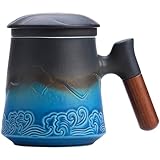 MAXJOY Tea Cup with Infuser and Lid 15.2 Oz Ceramic Loose Leaf Tea Mug Rosewood Handle Black and Blue