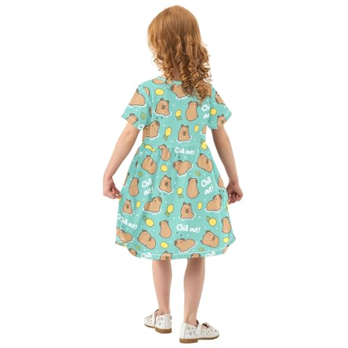 Cute Capybara Simple Lemons Summer Girls Short Sleeve Dress Casual Dresses Beach Sundress for 2-8 Years3