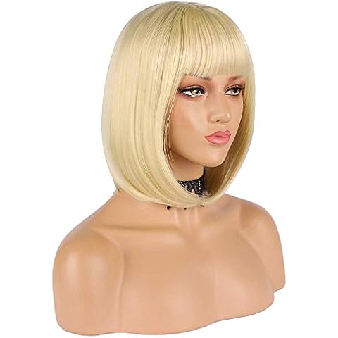 eNilecor Short Light Blonde Bob Wigs 12" Straight with Bangs Synthetic Colorful Cosplay Daily Party Wig for Women Natural As Real Hair+ Free Wig Cap (Light Blonde) Cover