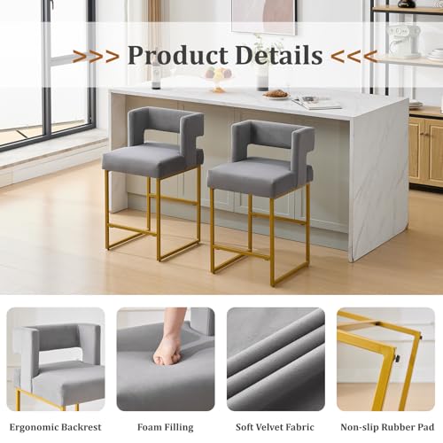 Image of 26 inch H Velvet Bar Stools Set of 6, Counter Height Bar Seats with Square Back, Modern Upholstered Armless Barstools with Metal Gold Legs for Kitchen Island Dining Room Bar, Grey