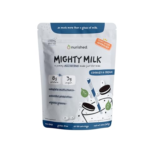 Image of Nurished Cookies & Cream Mighty Milk - Kids All-in-One Daily Protein Powder & Multivitamin with Probiotics & Organic Spinach - Natural Flavors, Colors & Sweeteners - 15-30 Servings