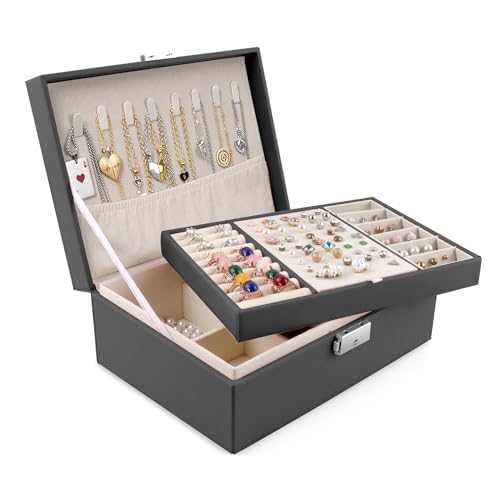 Homeanda Schmuckkästchen mit Schloss - Große Schmuckschatulle aus Leder für Damen, Schmuckbox mit 2 Ebenen (Schwarz)
