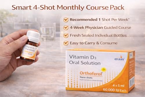 Image of Eraas Orthoferol Vitamin D3 60,000 IU Nano Shots | Sugar Free Cholecalciferol | Weekly Dose for Bone Strength, Immunity & Muscle Health | Sugar Free Liquid Supplement | 4x5ml Bottles