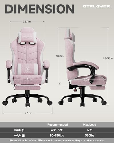 GTPLAYER Gaming Chair with Footrest, Computer Gaming Chair for Adults and Kids, Height Adjustable Gamer Chair with 90-155° Recline & Removable Headrest Lumbar Support,Linen Fabric Pink
