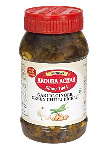 Image of LUCKNOW'S AROURA ACHAR SINCE 1944 Garlic Ginger Green Chilli Pickle 400g for Home Use Home Made With Love No Artificial Colors