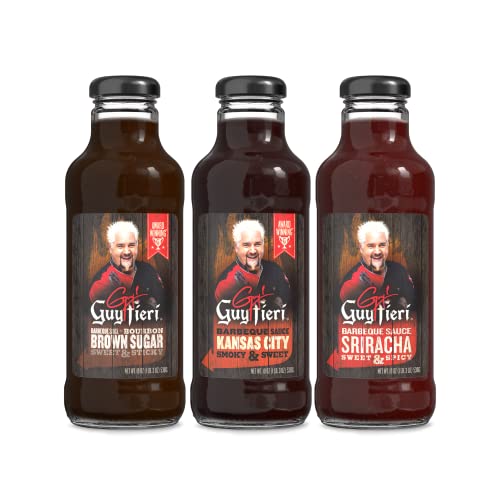 Guy Fieri Bourbon Brown Sugar BBQ Sauce 19 oz Kansas City Syle BBQ Sauce 19 oz Sriracha BBQ Sauce 19 oz (3 Pack)