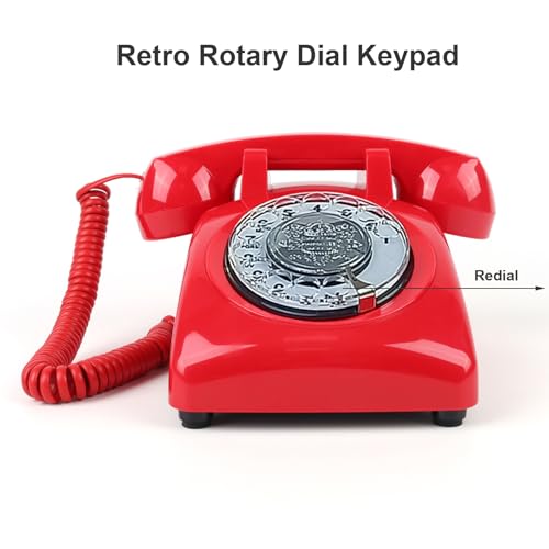 Image of TelPal Red Retro Phone, Corded Antique Telephone Vintage Landline Phone with Old Fashioned Rotary Dial Keypad, Decorative Classic 80s Desk Phone for Home,Office, Hotel, School & Gift