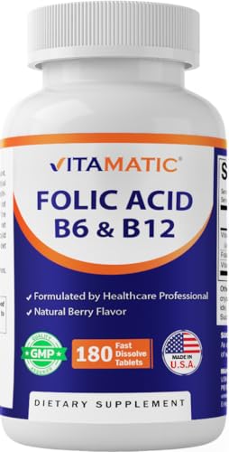 Vitamatic Folic Acid, Vitamin B12 & B6 – 180 Fast Dissolve Tablets Heart Health, Energy Production & Red Blood Cell Support
