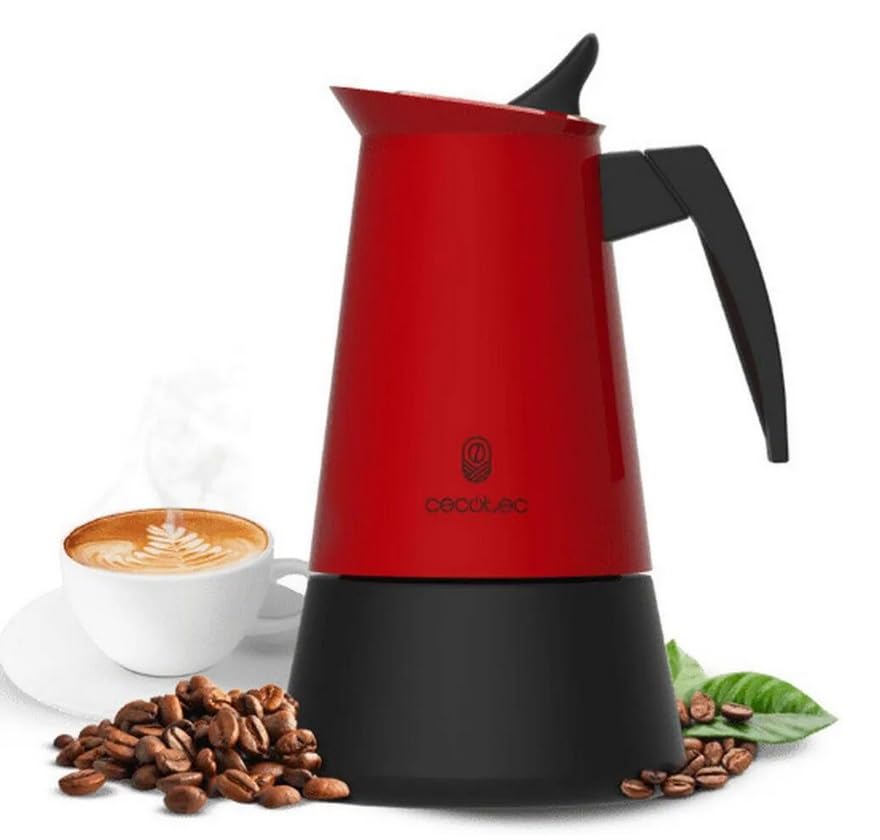 Cecotec Piccolina 900 Red Italian Coffee Maker, 450 ml, 10 Coffee Cups, Stainless Steel, Suitable for All Surfaces, Premium Filter, Safety Valve, Heat Resistant Handle, Elegant Design