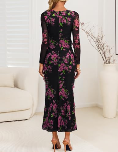 ZESICA Women's Fall Floral Long Sleeve Maxi Dress 2025 Boho Bodycon V Neck Ruffle Wedding Party Long Dresses4