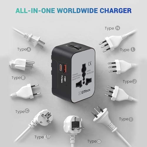 Image of Embox Universal Travel Adapter | All-in-One Worldwide Charger Adapter with Type C, USB & Type A Ports | Supports 224+ Countries | International Plug for Phone, Laptop, Gadgets (Black-Type C)