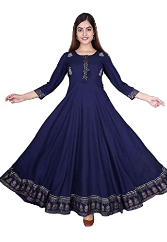 Image of Women's Rayon Golden Flroal Printed Anarkali Kurti