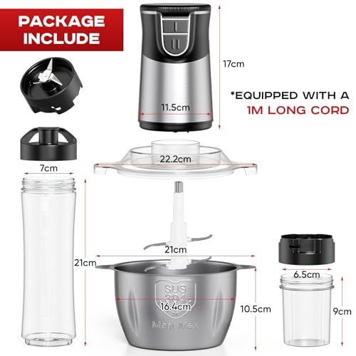 TPGSING 3-in-1 Mixer Küchenmaschine, 500W Multifunktions Mini Mixer & Zerkleinerer, Für Smoothiemaker, Fleisch Zerkleinerer, Gewürze & Kaffeemühle, 3 Behälter & 4 Edelstahl-Klingen, Spülmaschinenfest