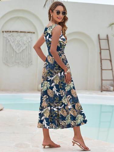 Image of AUSELILY Womens Summer Maxi Dress Casual Sleeveless V Neck Floral Dresses | A line shape with practical side pockets, Vacation dress for resort walks, Pair with low heels and simple jewelry
