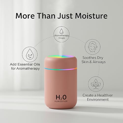 Image of Tikkitots H2O Mini Humidifier for Room & Home | 300ml Cool Mist Ultrasonic Aroma Diffuser with 7 Color LED Night Light | Quiet USB Humidifire for Car, Office, Bedroom
