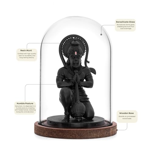 Image of Resin Black Hanuman Murti for Car Dashboard | Lord Hanuman Idol in Glass Case | Meditation Dhyan Mudra Statue for Home Decor, Pooja, Office & Festival Gifting