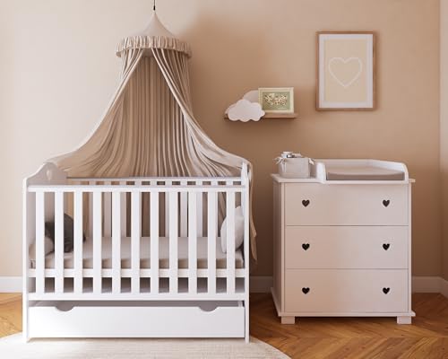 ZEE - Baby-Möbelset - Babybett Kinderbett, 2w1 Bett Bella - mit Schublade, Schutzgitter - Kommode Wickeltisch - mit herzförmigen Griffausschnitten - Kinderzimmer Möbel - Bett 120x60cm - Weiß