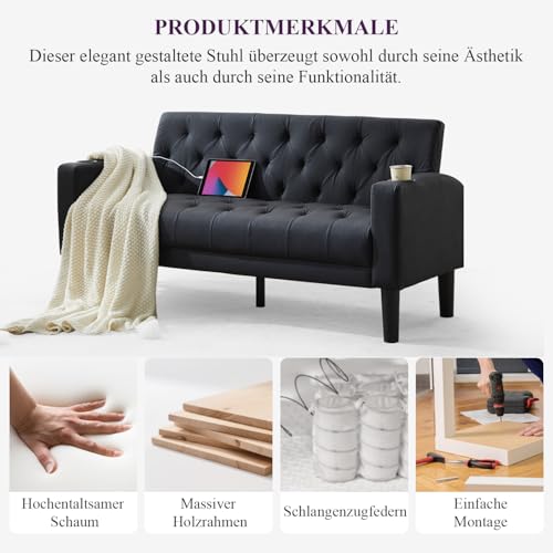 GRAVFORCE Sofa 2 Sitzer Couch mit 2 Ladeports und 2 Becherhaltern 157cm 2er Sofa Klein für Jugendzimmer, Wohnzimmer, Wohnung, Büro, Einfache Montage Kunstleder Schwarz