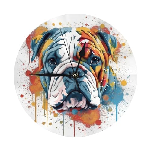 Orologio da parete decorativo colorato con bulldog inglese, 25,4 cm, silenzioso, funzionamento a batteria, per camera da letto, cucina, soggiorno, ufficio